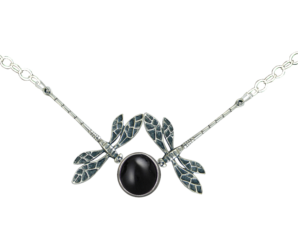 Sterling Silver Double Dragonfly Necklace With Black Onyx